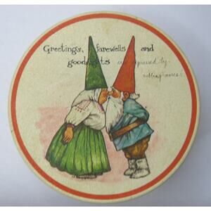 Vintage GNOME Tin Round 3 inches 1980 Potpourri Press Greetings Farewells